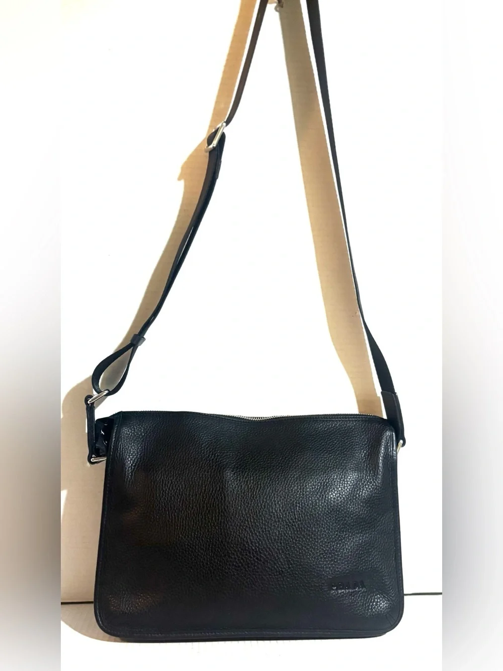 Prada unisex Black pebbled Leather Crossbody Bag with Adjustable Strap